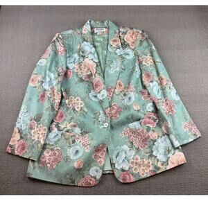 Alfred Dunner Women's 14 Floral‎ Green Blazer Made In USA Pink Blue Roses
